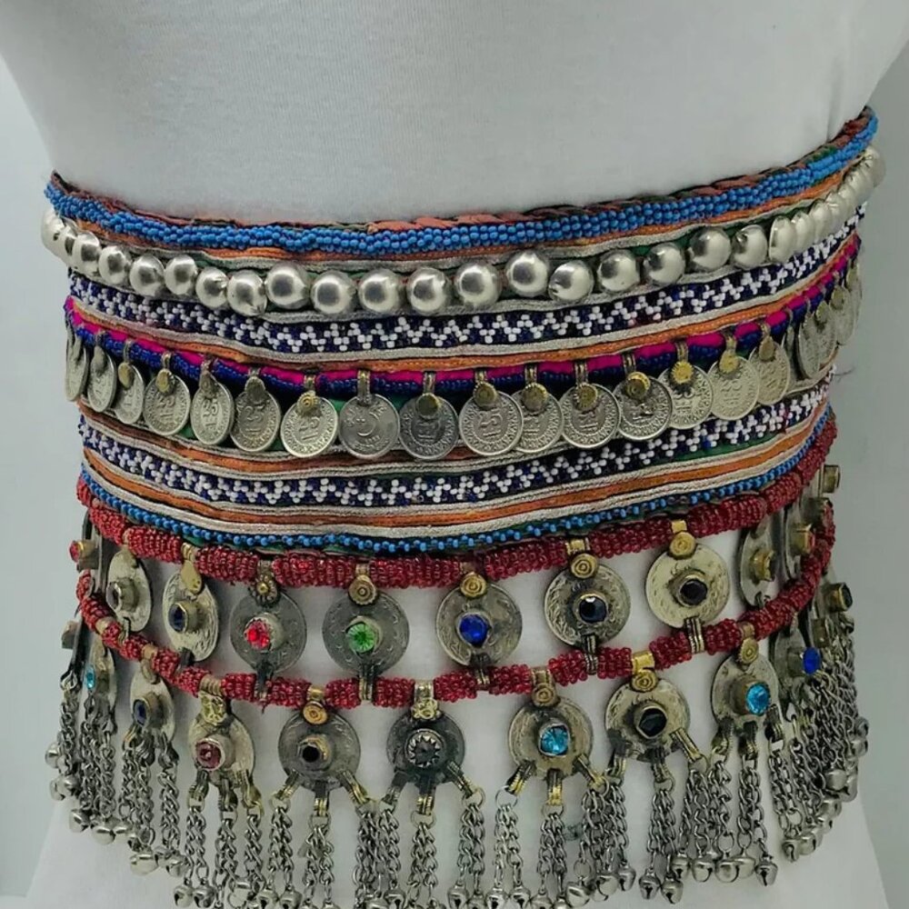 Vintage Kuchi Belly Dance Belt: Afghan Coins & Glass Stones - Picture 7 of 12